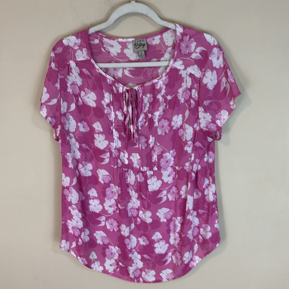 Como Vintage Pink and White Floral Peasant Top with Tucks and Tie Neck XL